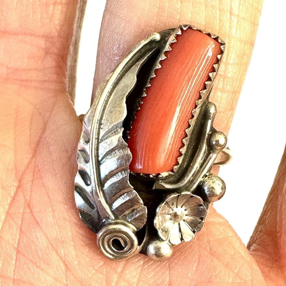 Navajo‎ Red Branch Coral Ring Sz 7 Sterling Signed HM Flower Leaf Turquoise